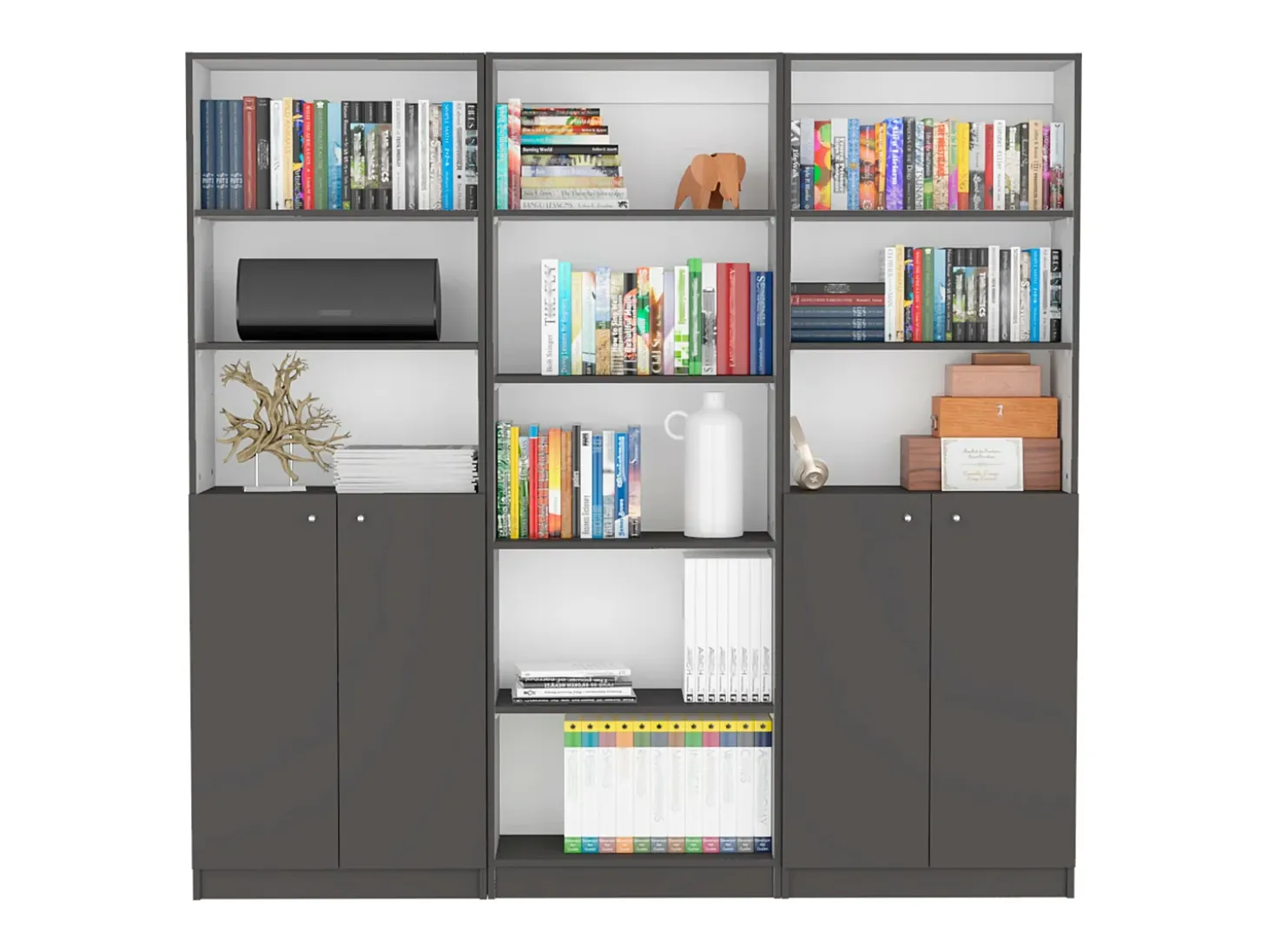 Set de estanteria de oficina home de 3 piezas en melamina con estantes y 2 puertas , 180.6 cm X 188.4 cm X 29.9 cm , Multicolor