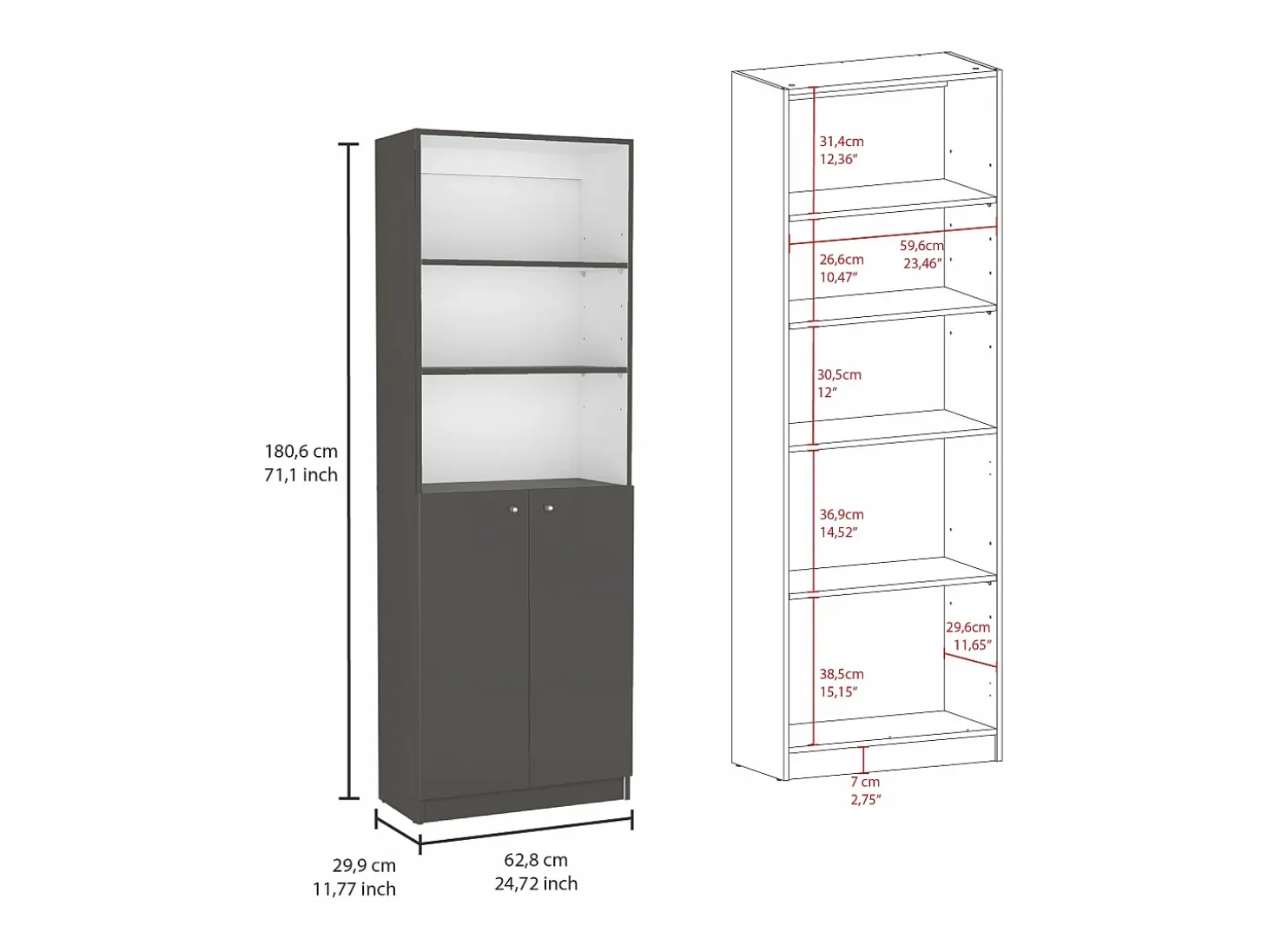 Set de estanteria de oficina home de 3 piezas en melamina con estantes y 2 puertas , 180.6 cm X 188.4 cm X 29.9 cm , Multicolor