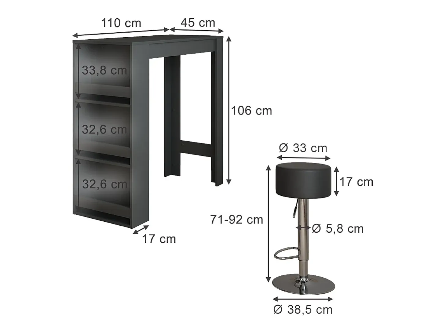 Set de mesa de bar antracita 45x110x106 repose