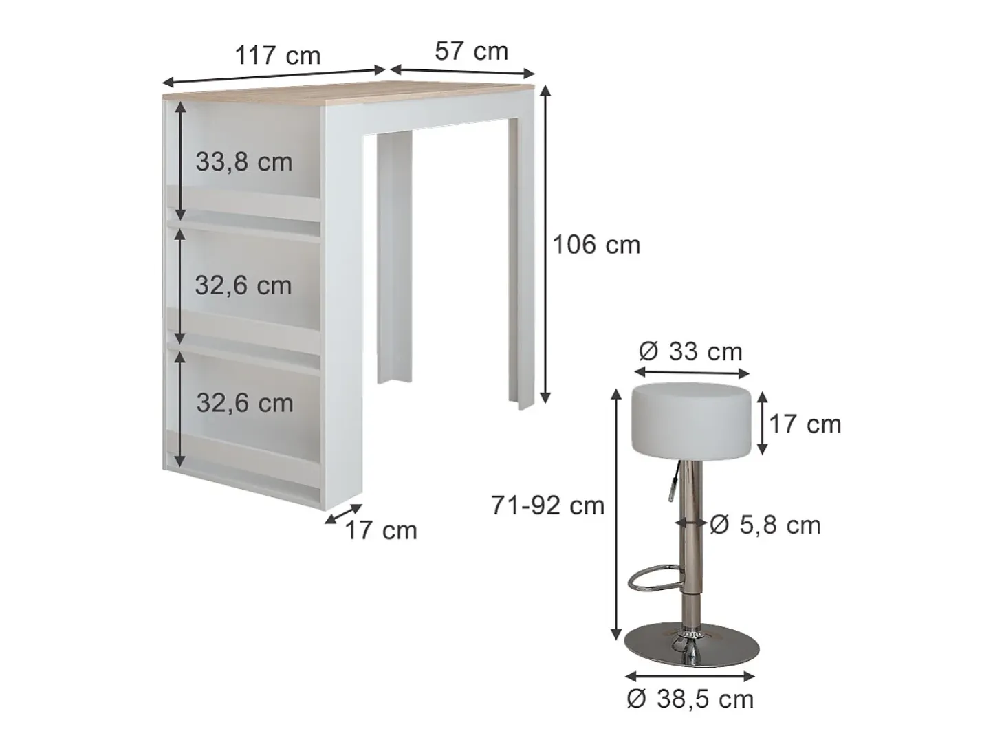 Set de mesa de bar blanco/sonoma 57x117x106 repose
