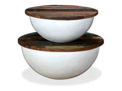 Set mesa de centro forma de bol 2 uds madera reciclada blanco