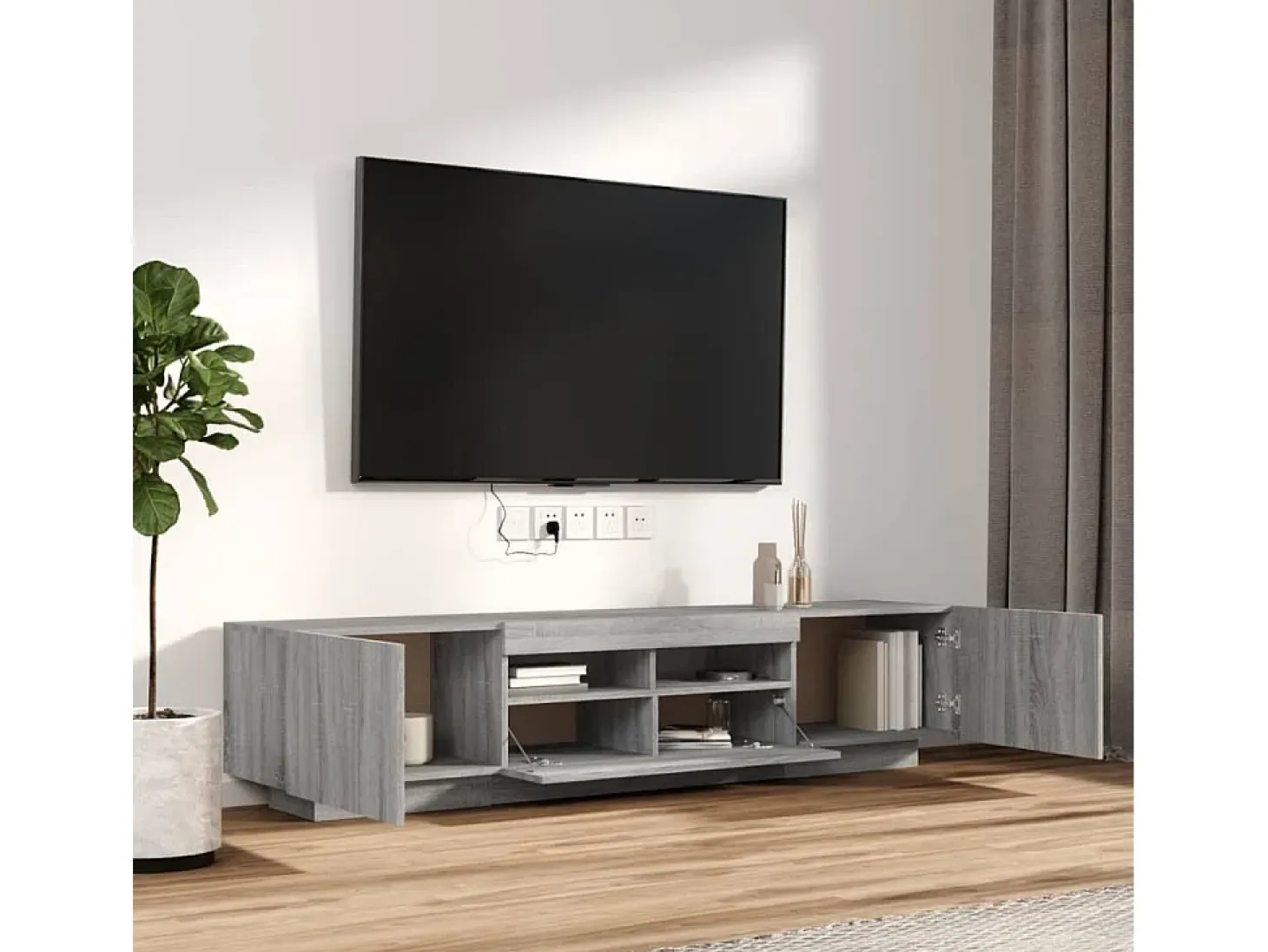Set muebles TV con LEDs 2 piezas madera contrachapada gris Sonoma