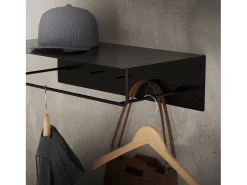 Set 2x Perchero de pared con barra de colgar y estante negro metal 60x30x15 cm