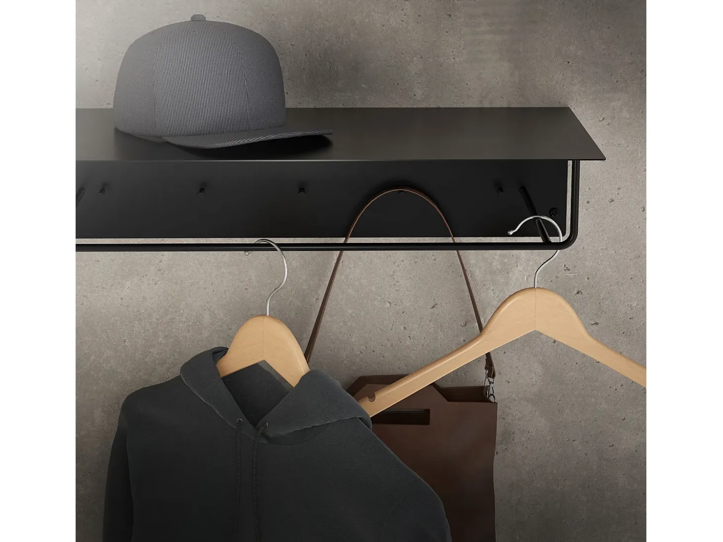 Set 2x Perchero de pared con barra de colgar y estante negro metal 60x30x15 cm