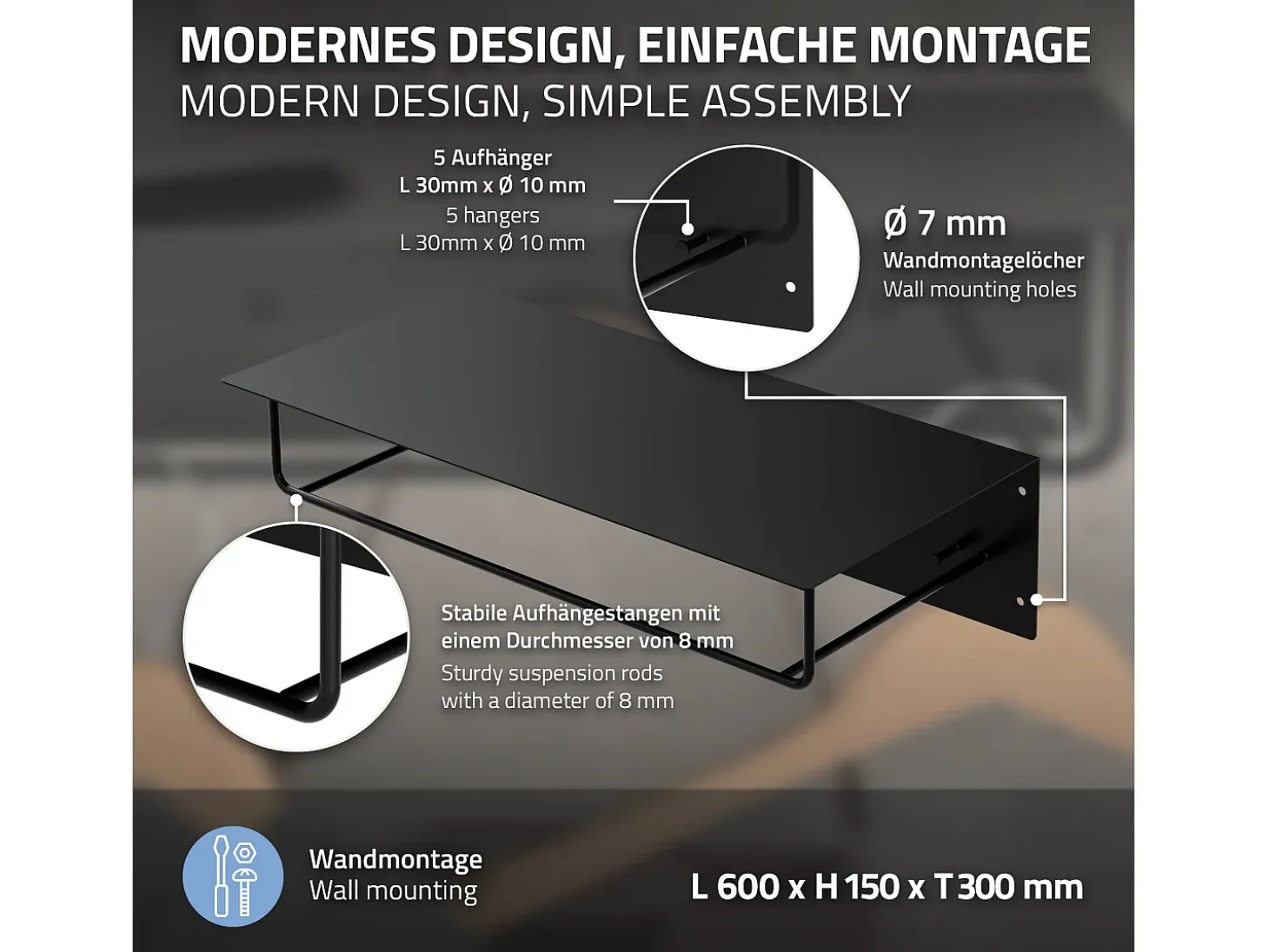 Set 2x Perchero de pared con barra de colgar y estante negro metal 60x30x15 cm