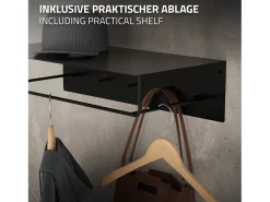 Set 2x Perchero de pared con barra de colgar y estante negro metal 60x30x15 cm