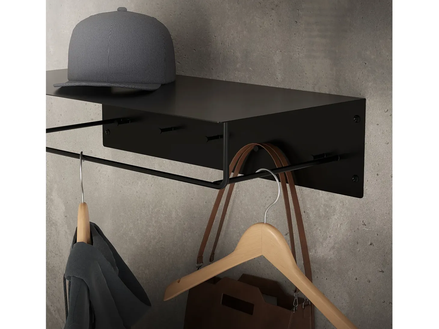 Set 3x Perchero de pared con barra de colgar y estante negro metal 60x30x15 cm