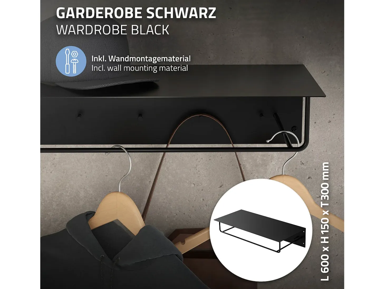 Set 3x Perchero de pared con barra de colgar y estante negro metal 60x30x15 cm