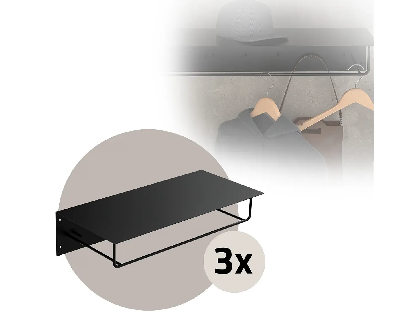 Set 3x Perchero de pared con barra de colgar y estante negro metal 60x30x15 cm