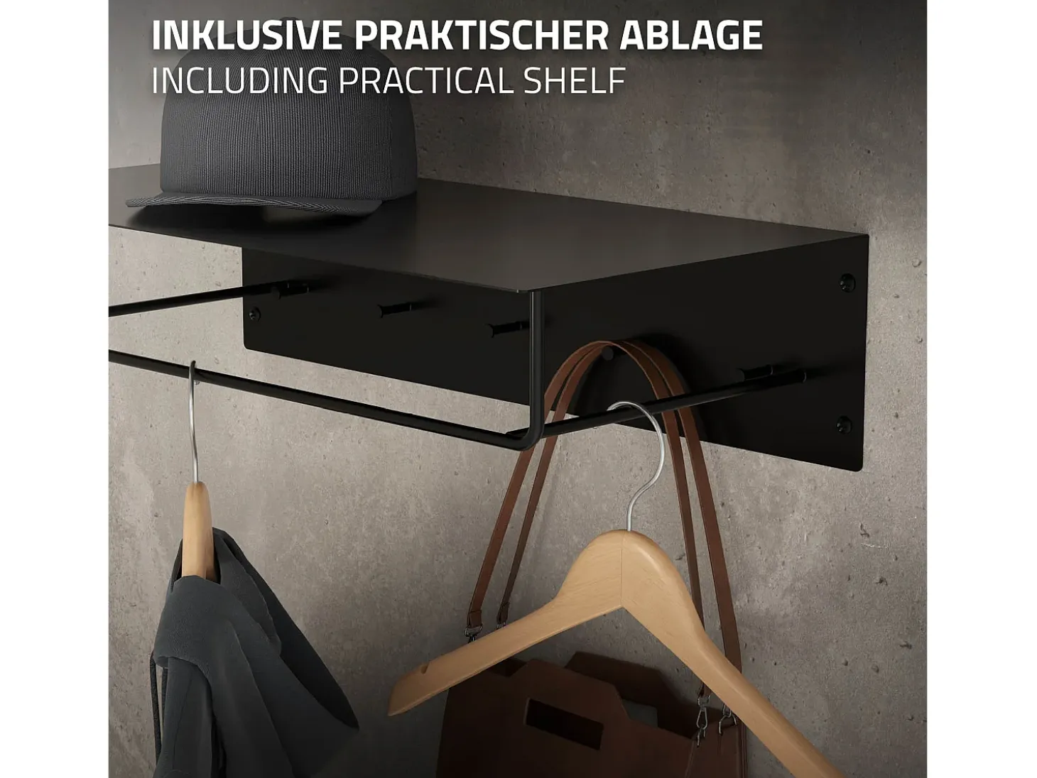 Set 3x Perchero de pared con barra de colgar y estante negro metal 60x30x15 cm