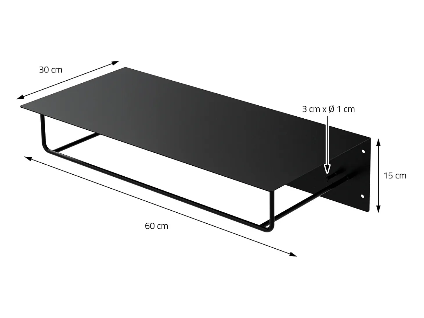 Set 3x Perchero de pared con barra de colgar y estante negro metal 60x30x15 cm