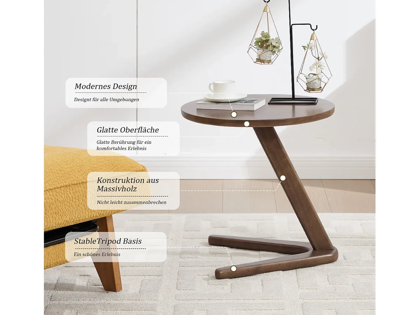 Sienna - Mesa auxiliar rodante con estructura en Z reforzada, se desliza bajo el sofá, madera maciza 50×44 cm, ideal para salón, dormitorio o balcón
