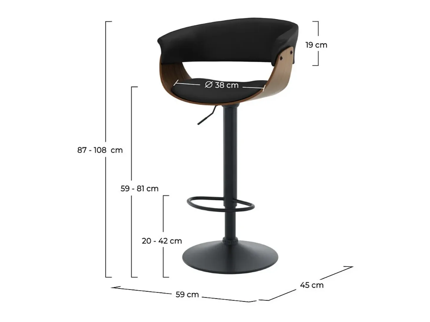 Silla de bar ajustable 59/81 cm en cuero artificial negro - Basile