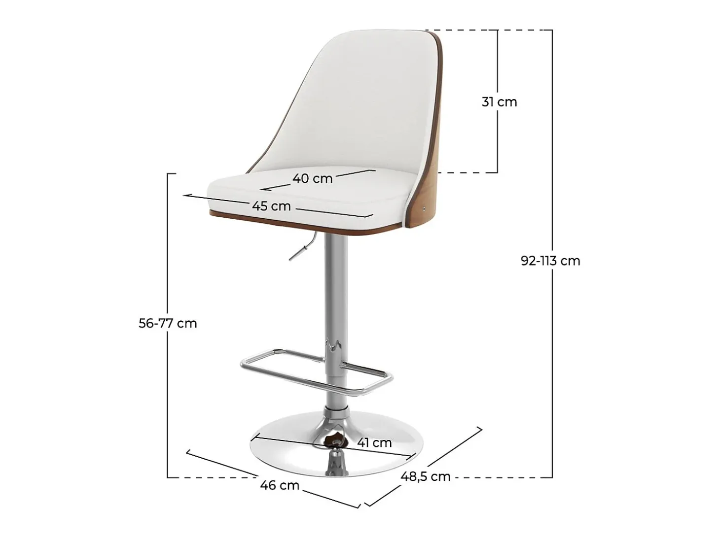 Silla de bar regulable en madera oscura y PU blanco 56/77 cm - Georges