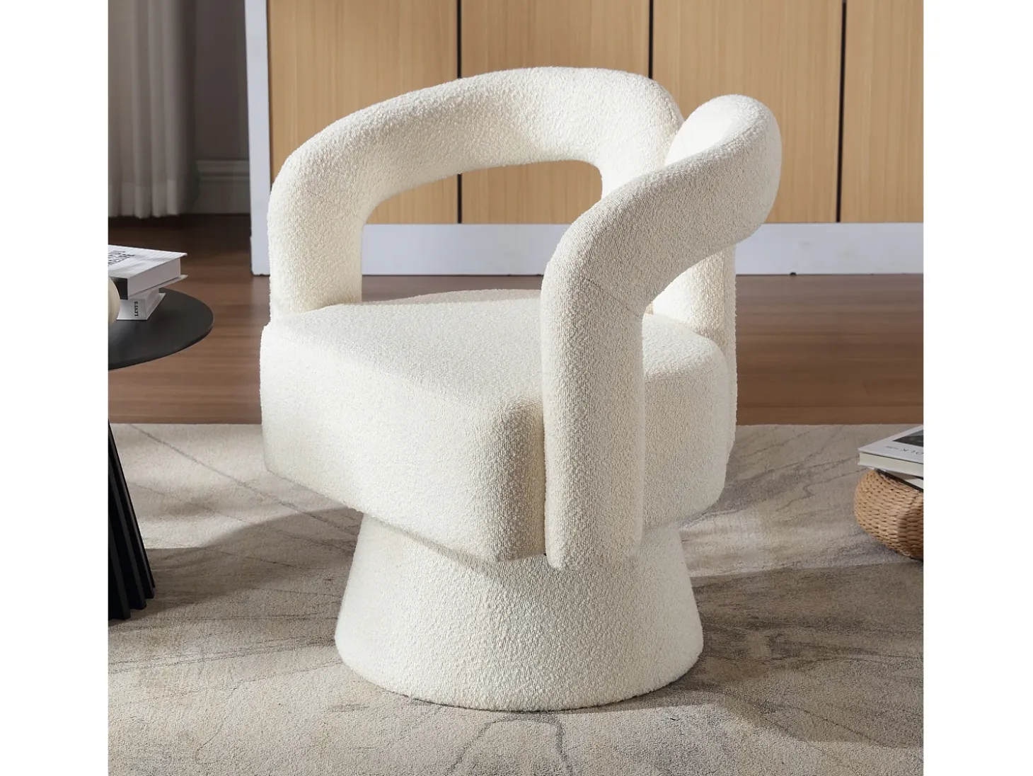 Silla giratoria 360°, sillón giratorio en tejido bouclé, sillón lounge con reposabrazos, sillón relax de respaldo alto con apoyabrazos