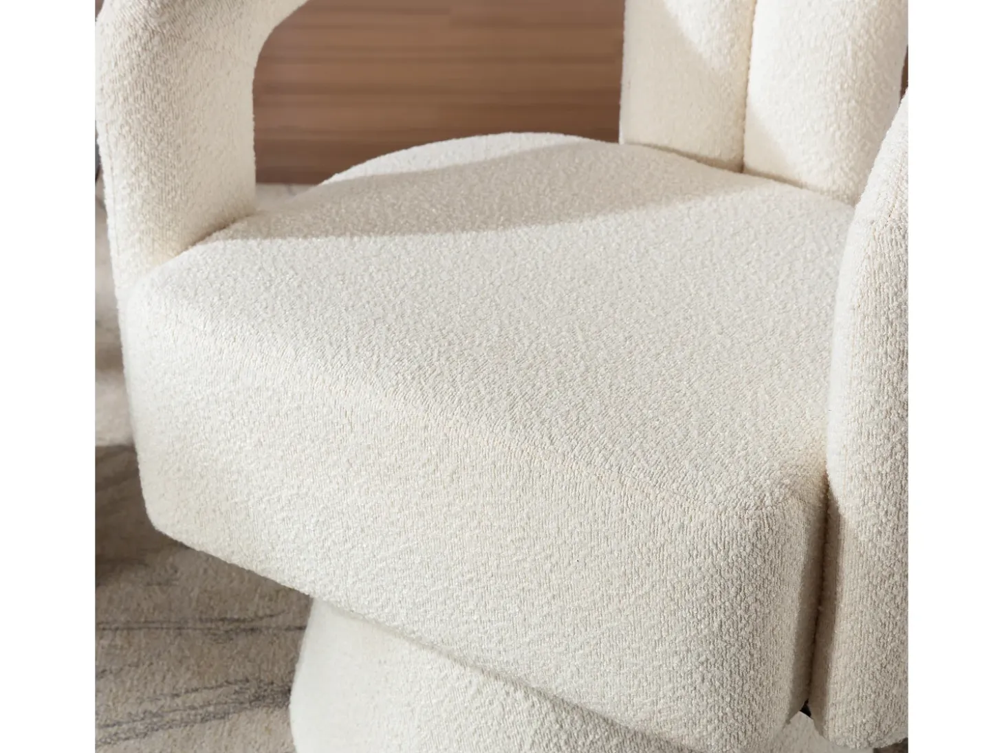Silla giratoria 360°, sillón giratorio en tejido bouclé, sillón lounge con reposabrazos, sillón relax de respaldo alto con apoyabrazos