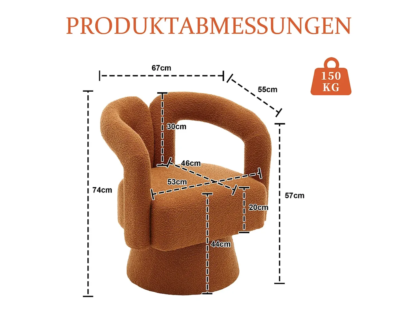 Silla giratoria 360°, sillón giratorio en tejido bouclé, sillón lounge con reposabrazos, sillón relax de respaldo alto con apoyabrazos