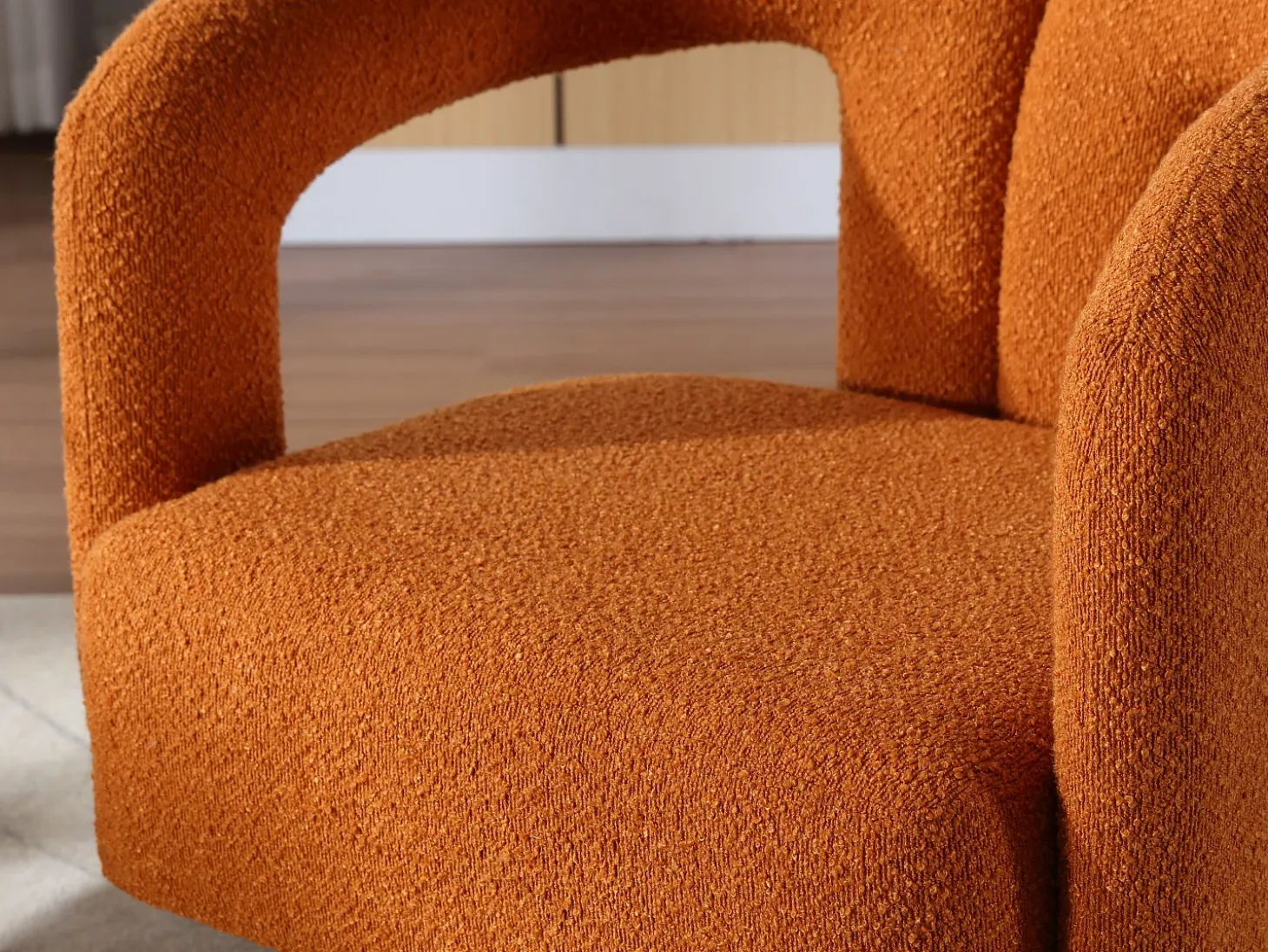 Silla giratoria 360°, sillón giratorio en tejido bouclé, sillón lounge con reposabrazos, sillón relax de respaldo alto con apoyabrazos