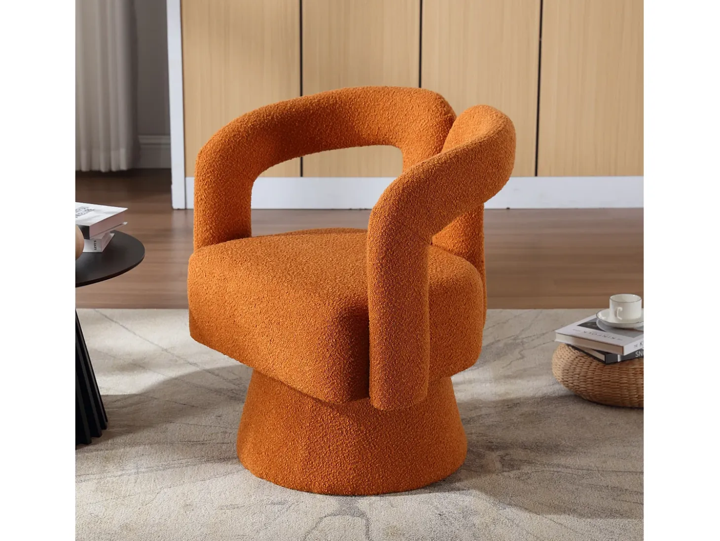 Silla giratoria 360°, sillón giratorio en tejido bouclé, sillón lounge con reposabrazos, sillón relax de respaldo alto con apoyabrazos