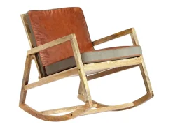 Silla mecedora de cuero auténtico y madera mango maciza marrón