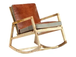 Silla mecedora de cuero auténtico y madera mango maciza marrón