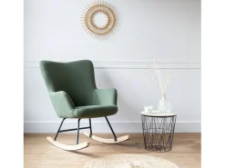 Silla mecedora en tejido de bouclé verde caqui KAIRA