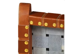 Silla plegable de tiras cruzadas de cuero auténtico marrón