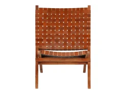 Silla plegable de tiras cruzadas de cuero auténtico marrón