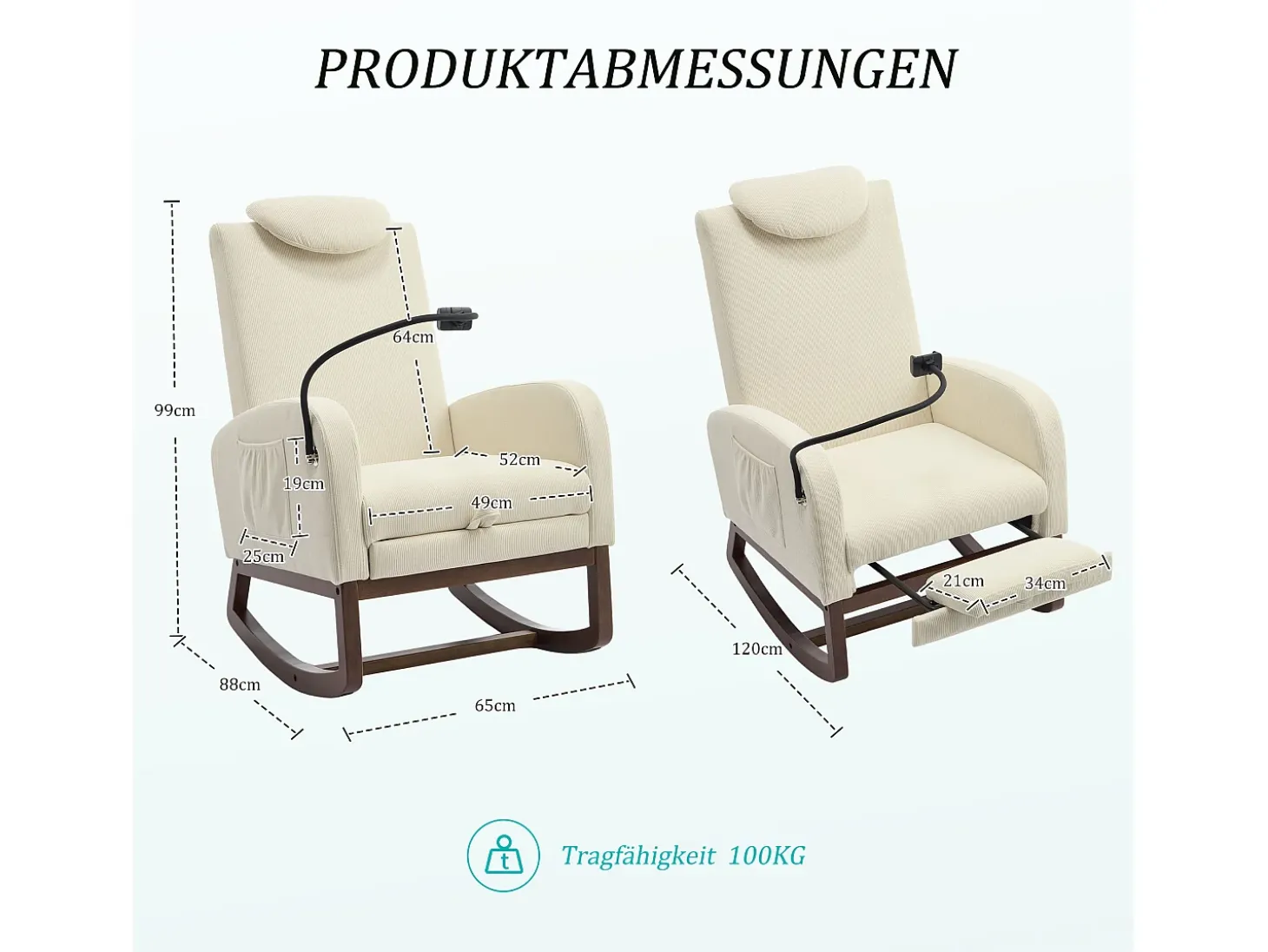 Sillón Balancín con Reposapiés y Almacenamiento Lateral - Confort Ergonómico en Pana - Ideal para Salón, Oficina y Rincón de Lectura