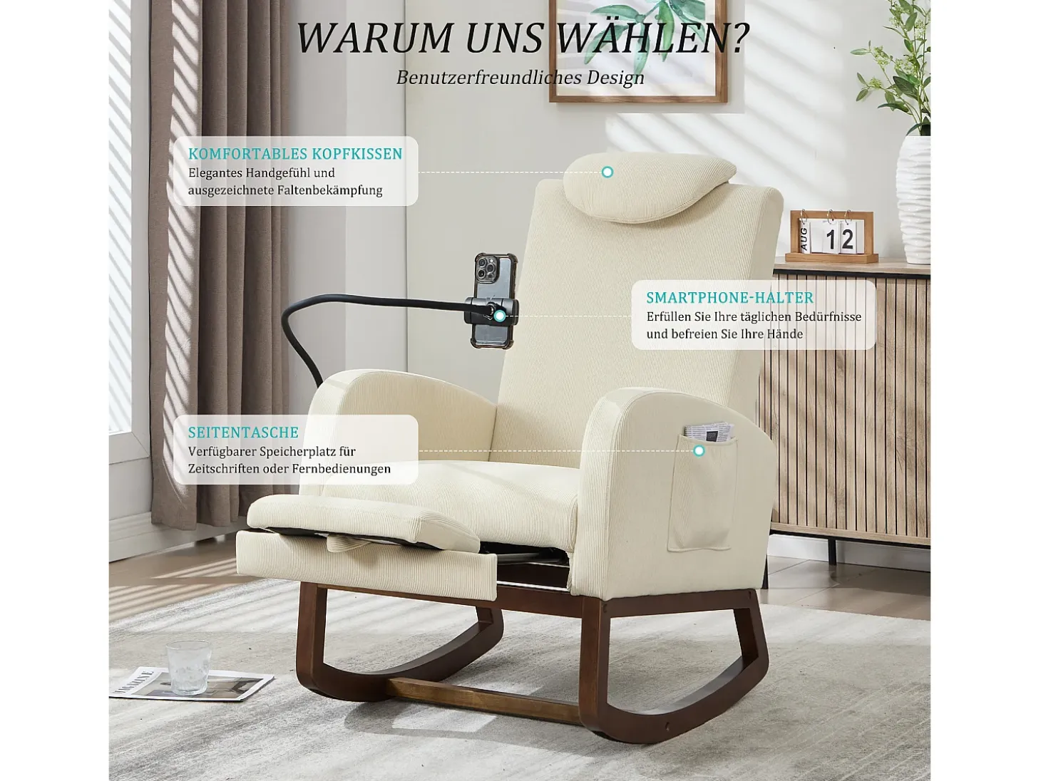 Sillón Balancín con Reposapiés y Almacenamiento Lateral - Confort Ergonómico en Pana - Ideal para Salón, Oficina y Rincón de Lectura