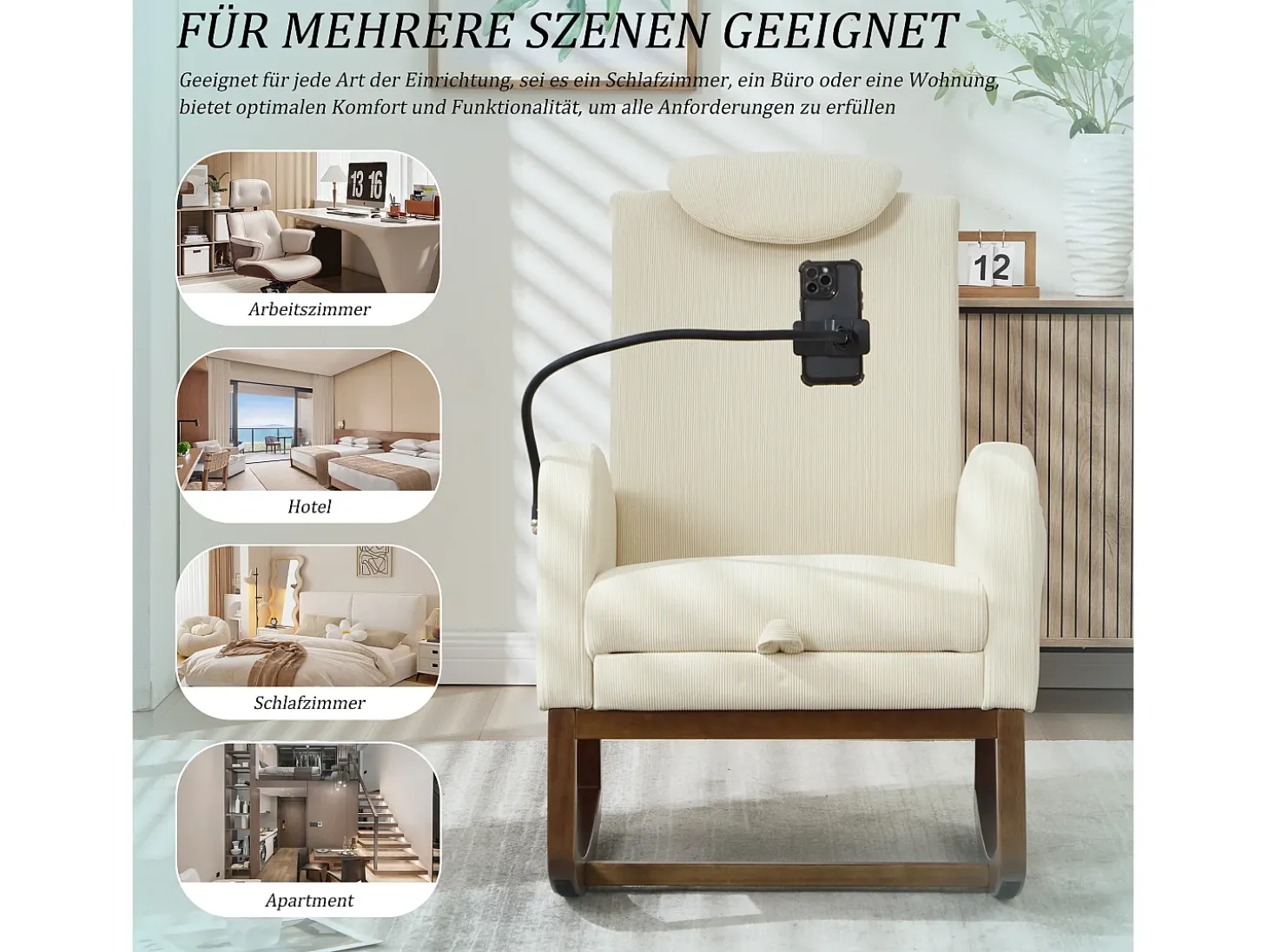 Sillón Balancín con Reposapiés y Almacenamiento Lateral - Confort Ergonómico en Pana - Ideal para Salón, Oficina y Rincón de Lectura