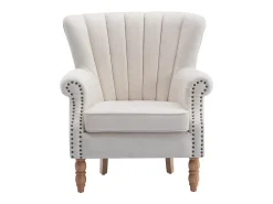 Sillón BATOUMI de tela color crema con ribete tachonado y patas de madera