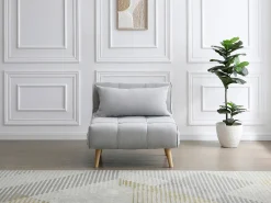 Sillón cama en tela gris claro y patas de madera CHILA