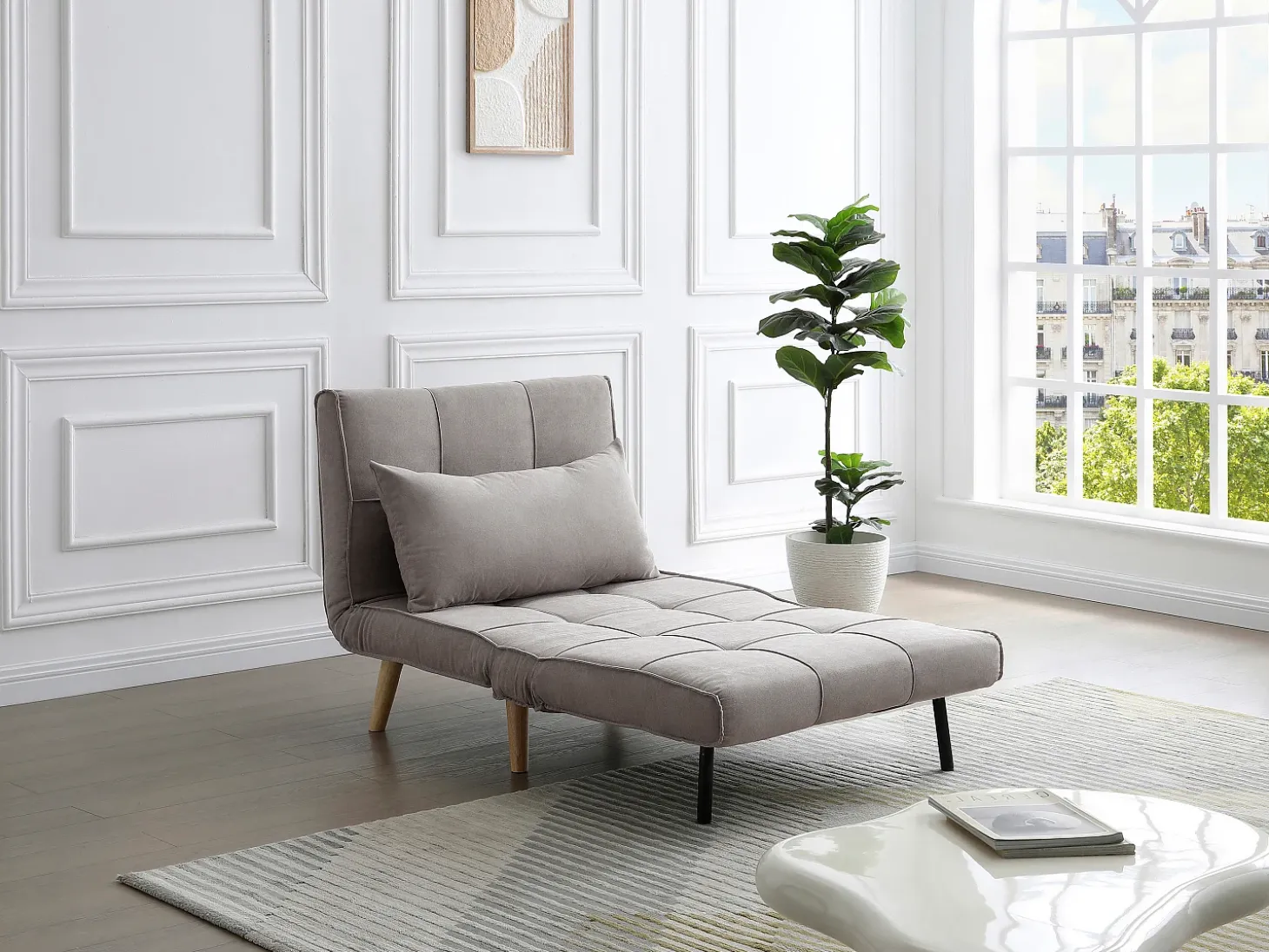 Sillón cama en tela topo y patas de madera CHILA