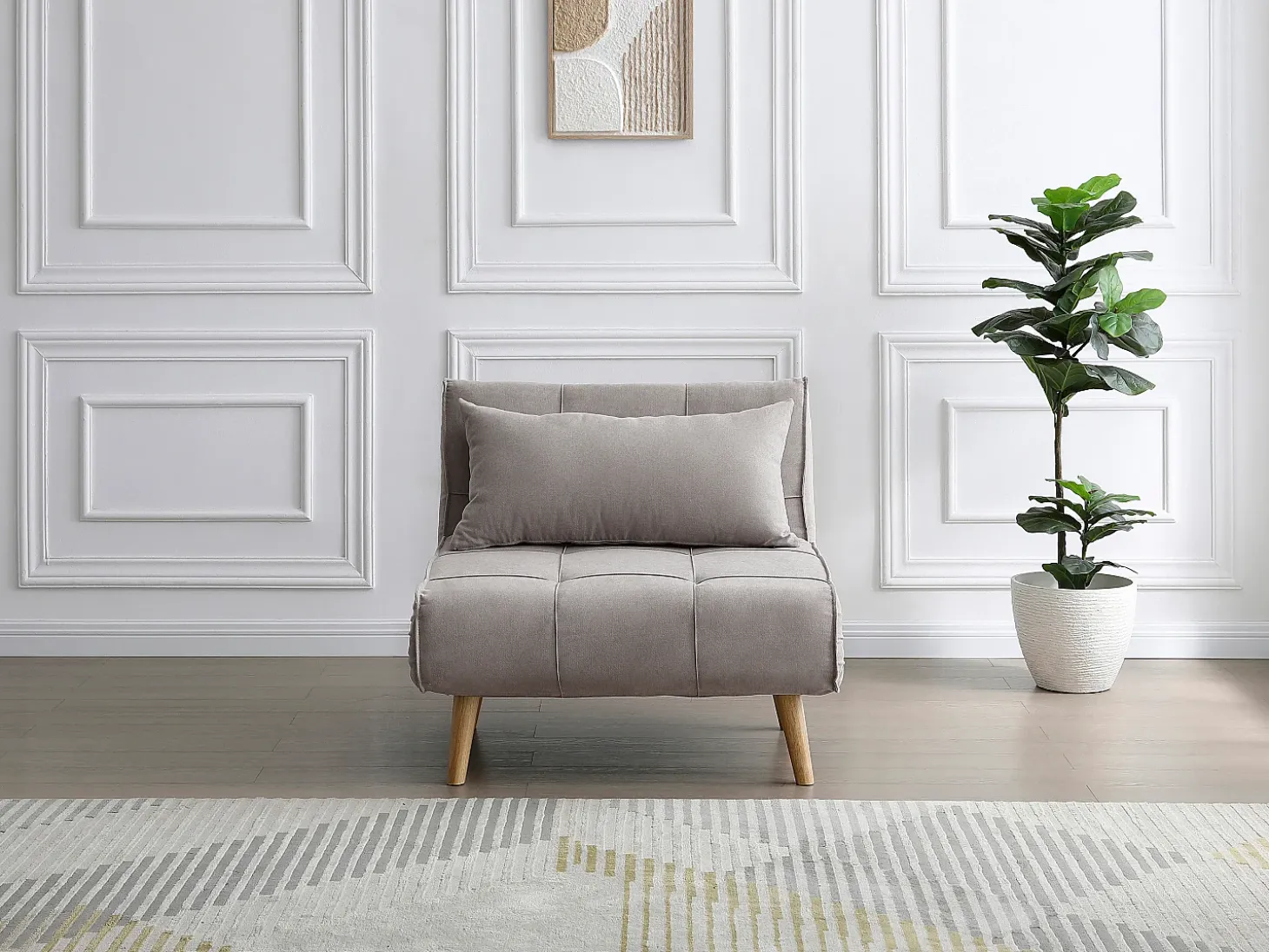 Sillón cama en tela topo y patas de madera CHILA