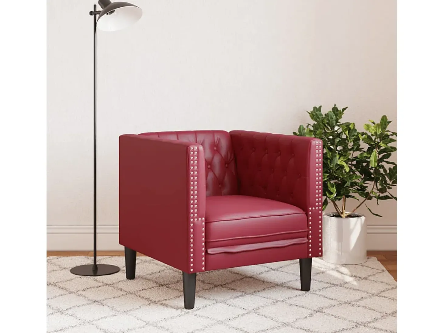 Sillón Chesterfield de cuero artificial rojo tinto