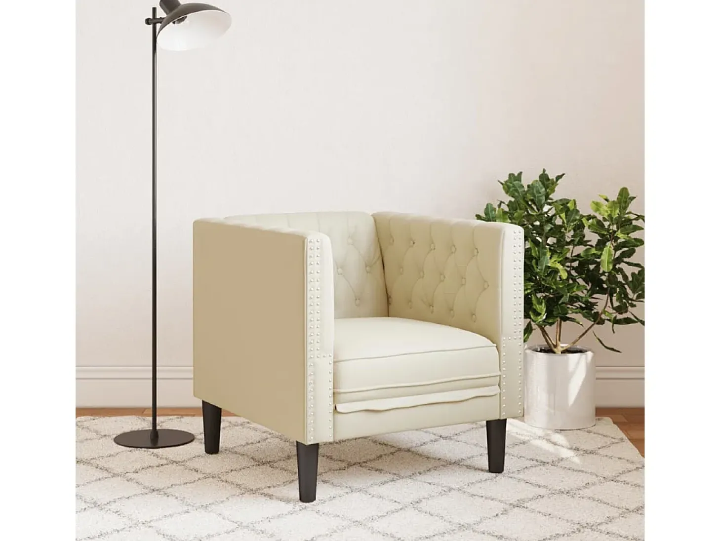 Sillón Chesterfield de cuero artificial blanco crema