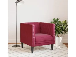 Sillón Chesterfield de terciopelo artificial rojo tinto
