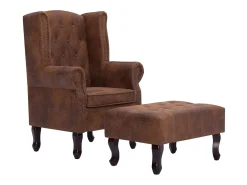Sillón Chesterfield y reposapiés cuero ante artificial marrón