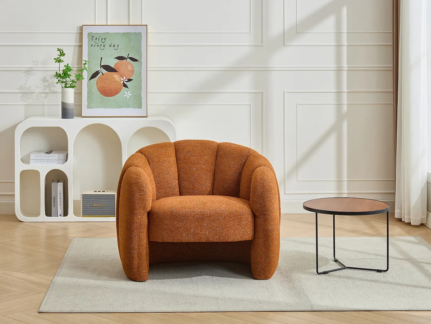 Sillón con forma de concha en chenilla terracota DELIPO