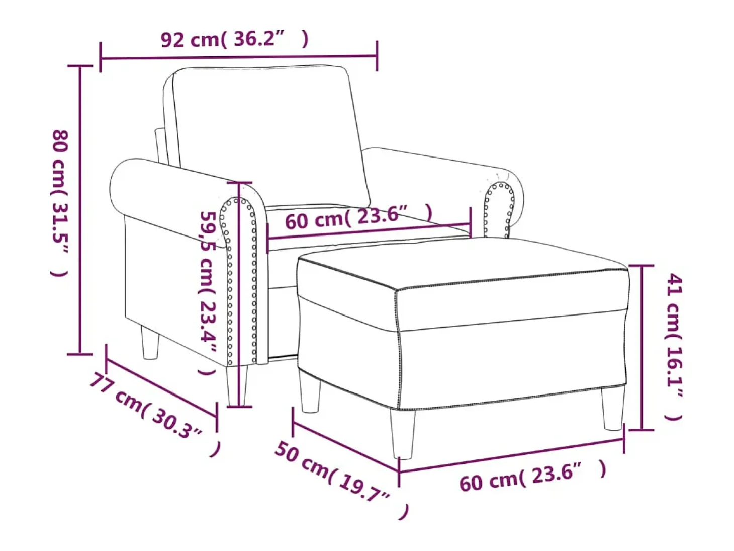 Sillón con reposapiés Terciopelo Negro 60 cm