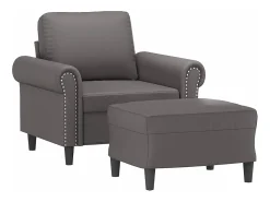 Sillón con taburete cuero sintético gris 60 cm