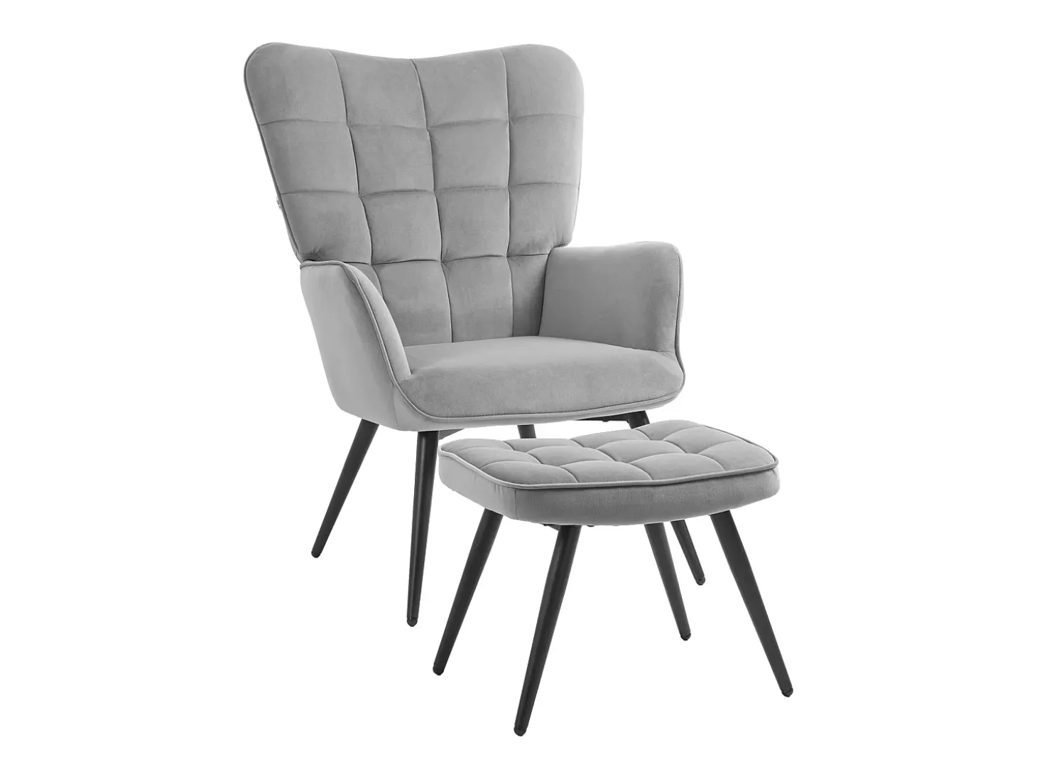 Sillón con taburete en terciopelo gris claro, patas de metal negro.