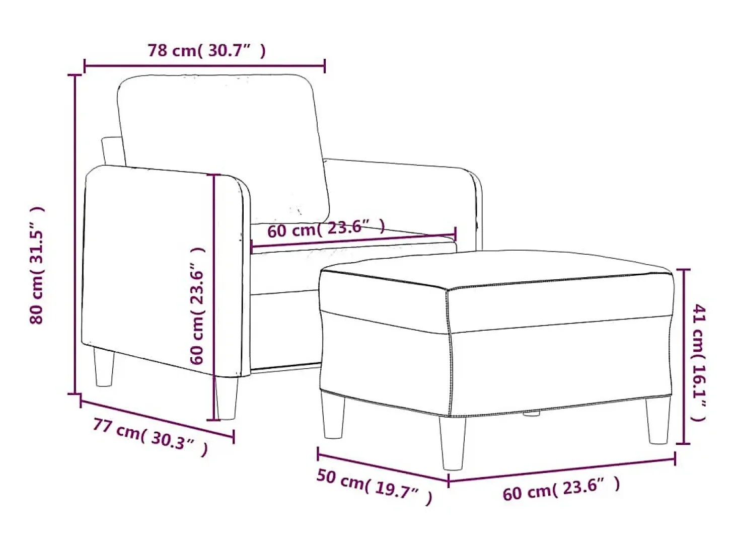 Sillón con taburete terciopelo azul 60 cm