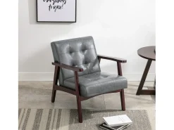 Sillón de cuero artificial tapizado estilo vintage - Sillón de madera natural para oficina o dormitorio, azul