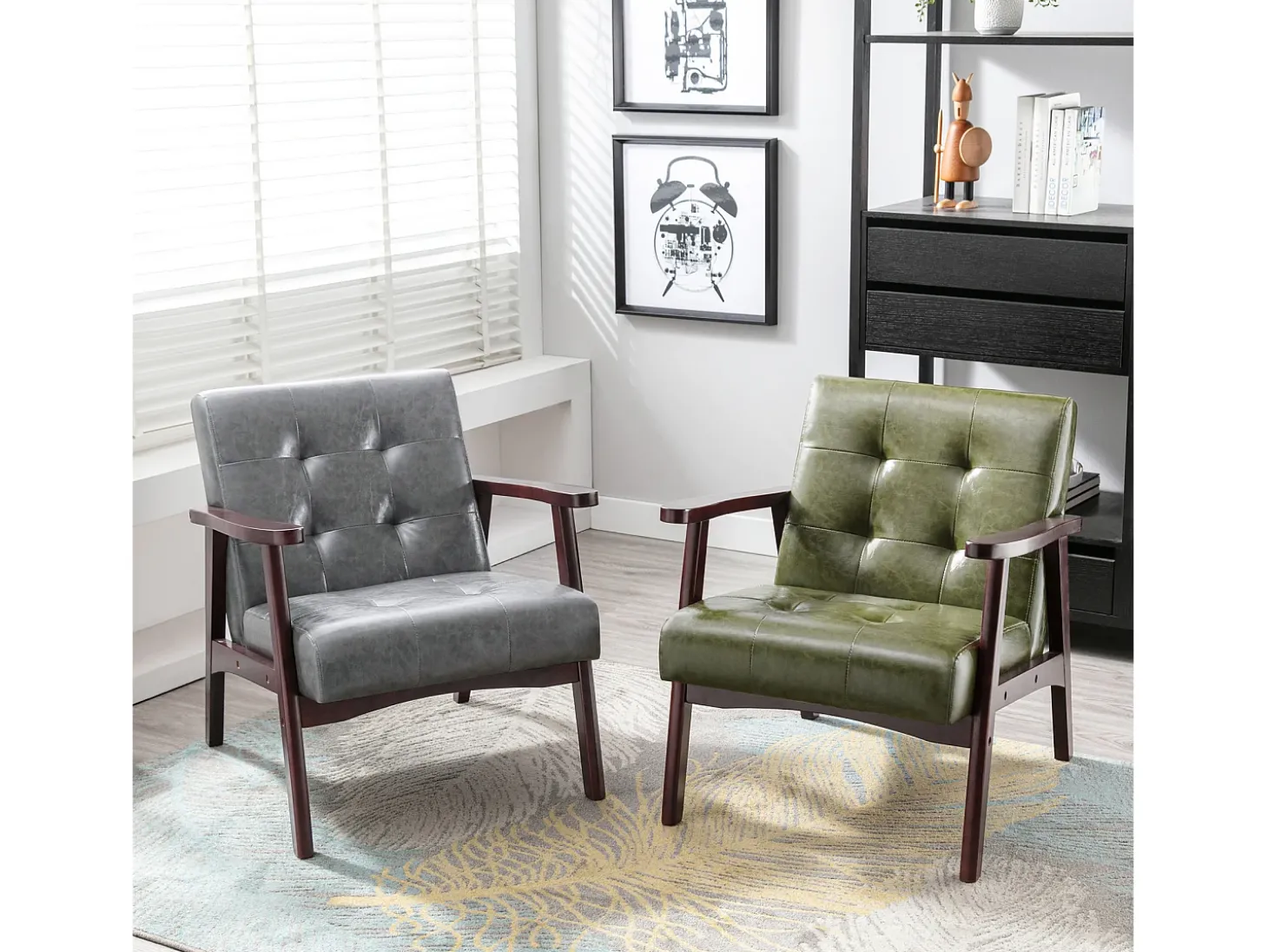Sillón de cuero artificial tapizado estilo vintage - Sillón de madera natural para oficina o dormitorio, azul