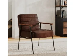 Sillón de cuero de búfalo marrón y metal negro - Hugues