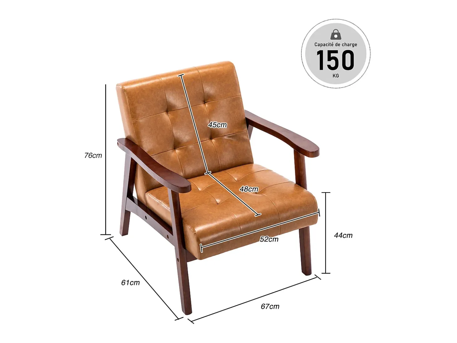 Sillón de Madera Maciza con Diseño Escandinavo Moderno - Cuero Natural Hipoalergénico Gris para Salón, Oficina o Dormitorio, Dimensiones 67x76x76 cm