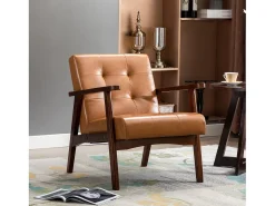 Sillón de Madera Maciza con Diseño Escandinavo Moderno - Cuero Natural Hipoalergénico Gris para Salón, Oficina o Dormitorio, Dimensiones 67x76x76 cm