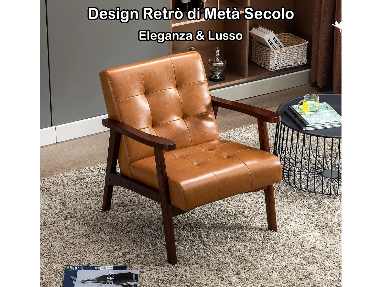 Sillón de Madera Maciza con Diseño Escandinavo Moderno - Cuero Natural Hipoalergénico Gris para Salón, Oficina o Dormitorio, Dimensiones 67x76x76 cm